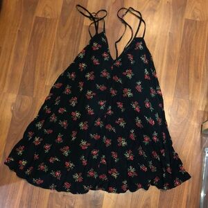Floral Black Dress with Red and Green Accents